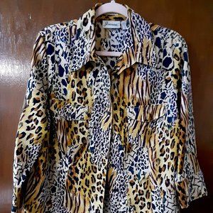 ANIMAL PRINT BUTTON FRON BLOUSE EMBELLISHED WITH RHINESTONES